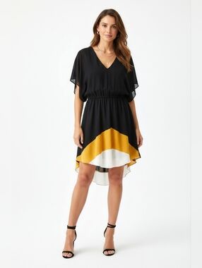 Enfocus Studio Dress Sz 10P Navy Blue Yellow Sleeveless Colorblock Cocktail Glam